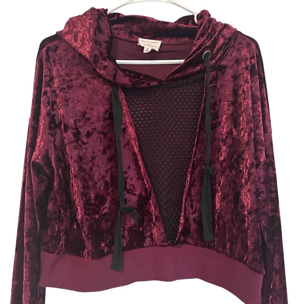 Emory Park Crushed Velvet Hoodie Sz M Black Mesh Cropped Gothic Burgundy